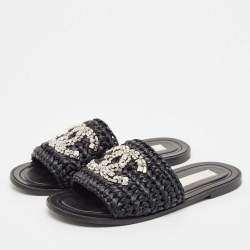 Chanel Black Braided Raffia Crystal Embellished CC Flat Slides Size 39.5
