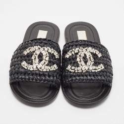 Chanel Black Braided Raffia Crystal Embellished CC Flat Slides Size 39.5