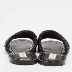 Chanel Black Braided Raffia Crystal Embellished CC Flat Slides Size 39.5