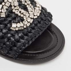 Chanel Black Braided Raffia Crystal Embellished CC Flat Slides Size 39.5