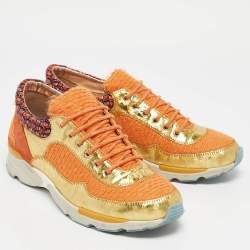 Pre Owned Chanel Multicolor Tweed and Leather CC Low Top Sneakers Size 38