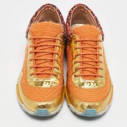 Pre Owned Chanel Multicolor Tweed and Leather CC Low Top Sneakers Size 38