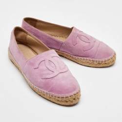 Pre Owned Chanel Pink Suede CC Cap Toe Espadrille Flats Size 37