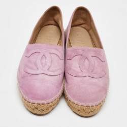 Pre Owned Chanel Pink Suede CC Cap Toe Espadrille Flats Size 37