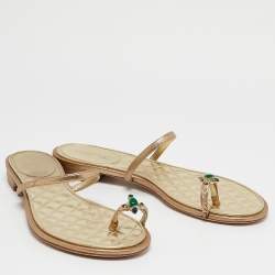 Chanel Metallic Gold Leather Enamel Embellished Toe Ring Flat Sandals Size 40