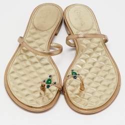 Chanel Metallic Gold Leather Enamel Embellished Toe Ring Flat Sandals Size 40