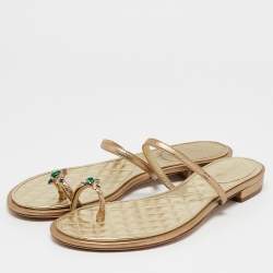 Chanel Metallic Gold Leather Enamel Embellished Toe Ring Flat Sandals Size 40