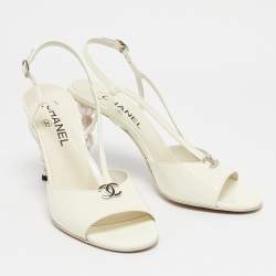 Chanel  Cream Patent Crystal Embellished Slingback Sandals Size 40