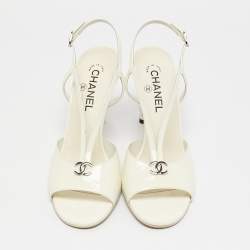 Chanel  Cream Patent Crystal Embellished Slingback Sandals Size 40