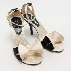 Chanel Cream/Black Satin Bow Ankle Strap Sandals Size 36