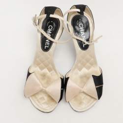 Chanel Cream/Black Satin Bow Ankle Strap Sandals Size 36