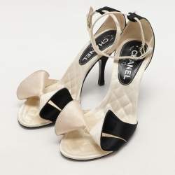 Chanel Cream/Black Satin Bow Ankle Strap Sandals Size 36