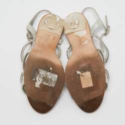 Chanel Silver Suede Crystal Embellished CC Strappy Sandals Size 40