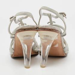 Chanel Silver Suede Crystal Embellished CC Strappy Sandals Size 40