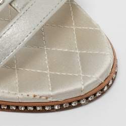 Chanel Silver Suede Crystal Embellished CC Strappy Sandals Size 40
