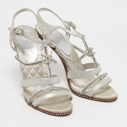 Chanel Silver Suede Crystal Embellished CC Strappy Sandals Size 40