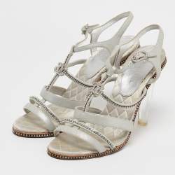 Chanel Silver Suede Crystal Embellished CC Strappy Sandals Size 40