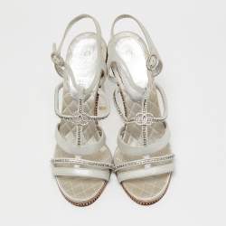Chanel Silver Suede Crystal Embellished CC Strappy Sandals Size 40