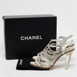 Chanel Silver Suede Crystal Embellished CC Strappy Sandals Size 40
