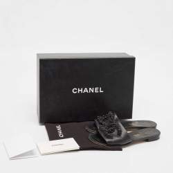 Chanel Black Leather Embellished CC Flat Slides Size 35.5