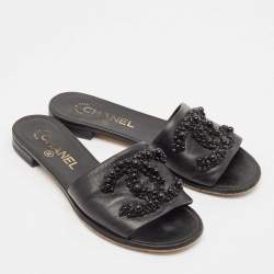 Chanel Black Leather Embellished CC Flat Slides Size 35.5