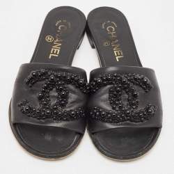Chanel Black Leather Embellished CC Flat Slides Size 35.5