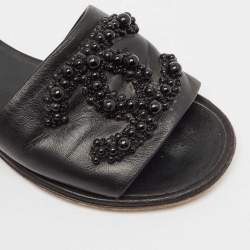 Chanel Black Leather Embellished CC Flat Slides Size 35.5