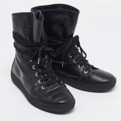 Pre Owned Chanel Black Leather CC High Top Sneakers Size 39.5