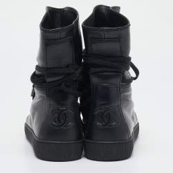 Pre Owned Chanel Black Leather CC High Top Sneakers Size 39.5