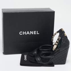 Chanel Black Leather Charm Embellished Ankle Cuff Wedge Sandals Size 40