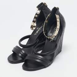 Chanel Black Leather Charm Embellished Ankle Cuff Wedge Sandals Size 40