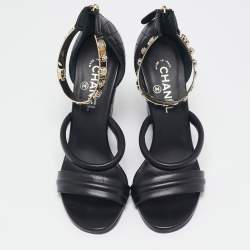 Chanel Black Leather Charm Embellished Ankle Cuff Wedge Sandals Size 40