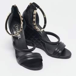Chanel Black Leather Charm Embellished Ankle Cuff Wedge Sandals Size 40