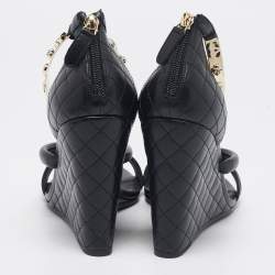 Chanel Black Leather Charm Embellished Ankle Cuff Wedge Sandals Size 40