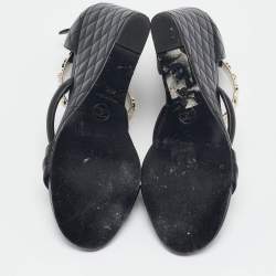 Chanel Black Leather Charm Embellished Ankle Cuff Wedge Sandals Size 40