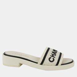 Chanel Ivory Logo Embroidered Mule Slippers Size 38.5 