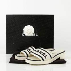 Chanel Ivory Logo Embroidered Mule Slippers Size 38.5 