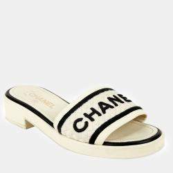 Chanel Ivory Logo Embroidered Mule Slippers Size 38.5 