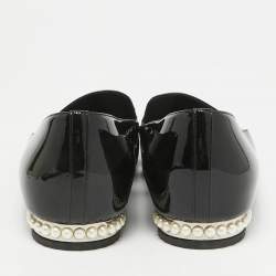 Pre Owned Chanel Black Patent Leather CC Pearl Embellished Smoking Loafers Size 38