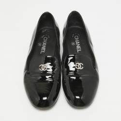 Pre Owned Chanel Black Patent Leather CC Pearl Embellished Smoking Loafers Size 38
