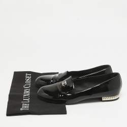 Pre Owned Chanel Black Patent Leather CC Pearl Embellished Smoking Loafers Size 38
