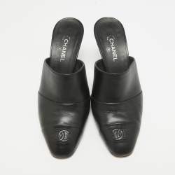 Pre Owned Chanel Black Leather Interlocking CC Logo Mules Size 36.5