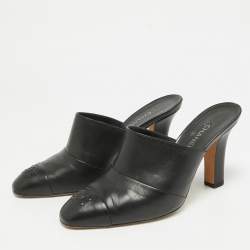 Pre Owned Chanel Black Leather Interlocking CC Logo Mules Size 36.5
