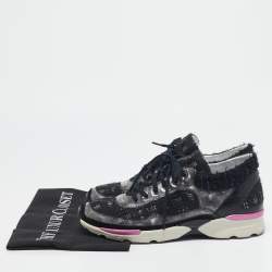 Pre Owned Chanel Black/Grey Tweed and PVC CC Low Top Sneakers Size 38