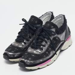 Pre Owned Chanel Black/Grey Tweed and PVC CC Low Top Sneakers Size 38