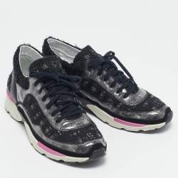 Pre Owned Chanel Black/Grey Tweed and PVC CC Low Top Sneakers Size 38