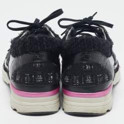 Pre Owned Chanel Black/Grey Tweed and PVC CC Low Top Sneakers Size 38