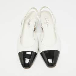 Chanel White/Black Croc Embossed and Patent CC Slingback  Pumps Size 39