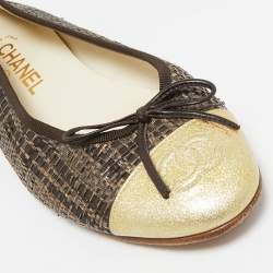 Pre Owned Chanel Tricolor Raffia and Leather CC Cap Toe Bow Ballet Flats Size 37.5