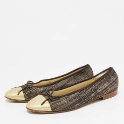 Pre Owned Chanel Tricolor Raffia and Leather CC Cap Toe Bow Ballet Flats Size 37.5